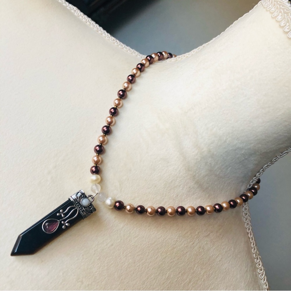 Handcrafted repurpose Tiger eye stone pendant Czech glass Pearl necklace